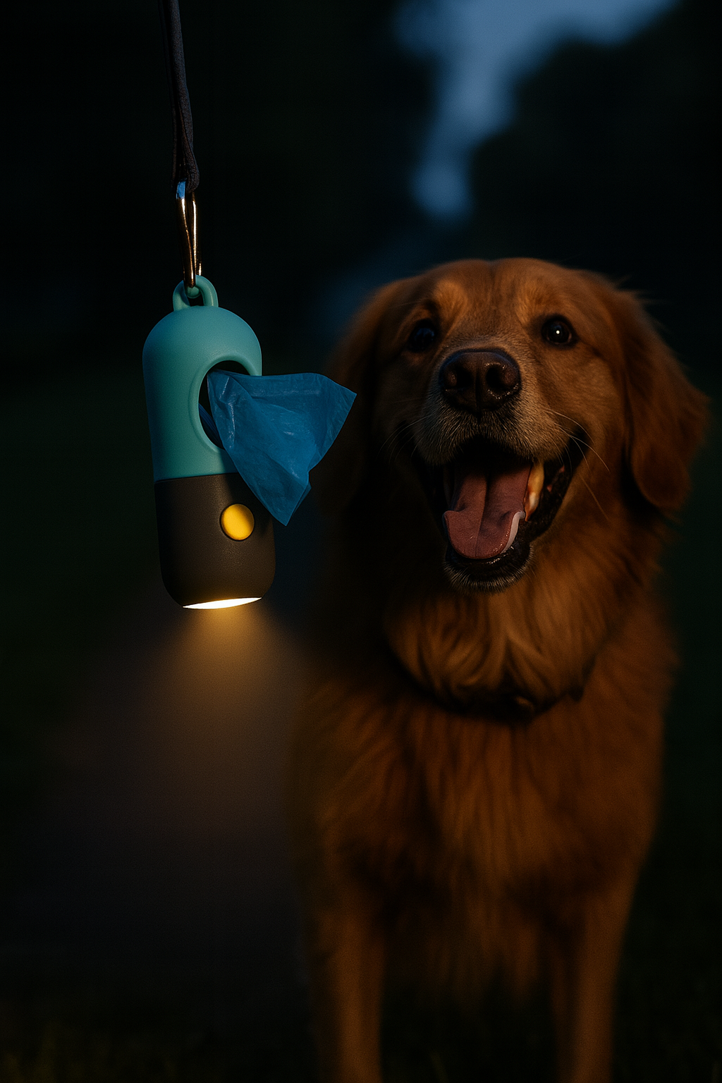Dog standing next to a hanging blue light source in the dark