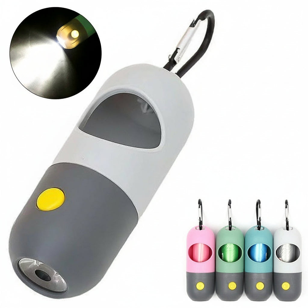 Pet waste bag dispenser with LED light, carabiner, and multiple color options on a white background.